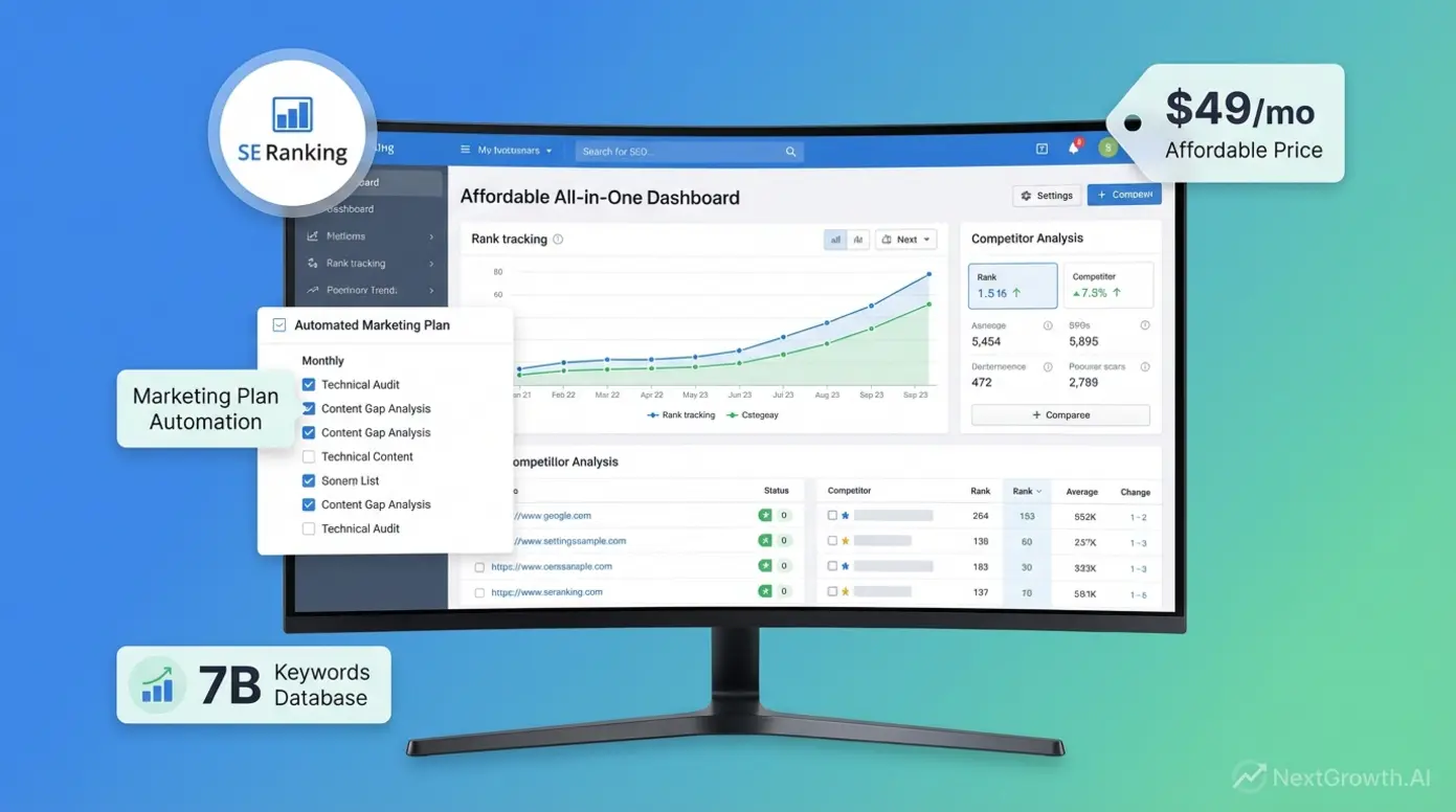 SE Ranking affordable SEO automation platform with Marketing Plan automation and 7 billion keyword database for small businesses