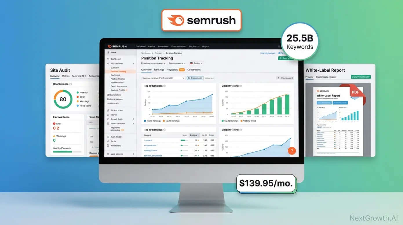 Semrush enterprise SEO automation platform with 25.5 billion keyword database and white-label reporting dashboard