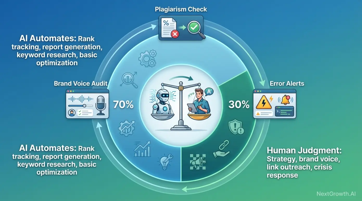 SEO automation 30% rule governance framework balancing AI automation with human strategic oversight