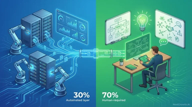 SEO automation hybrid architecture showing automated tasks and human strategic oversight working together