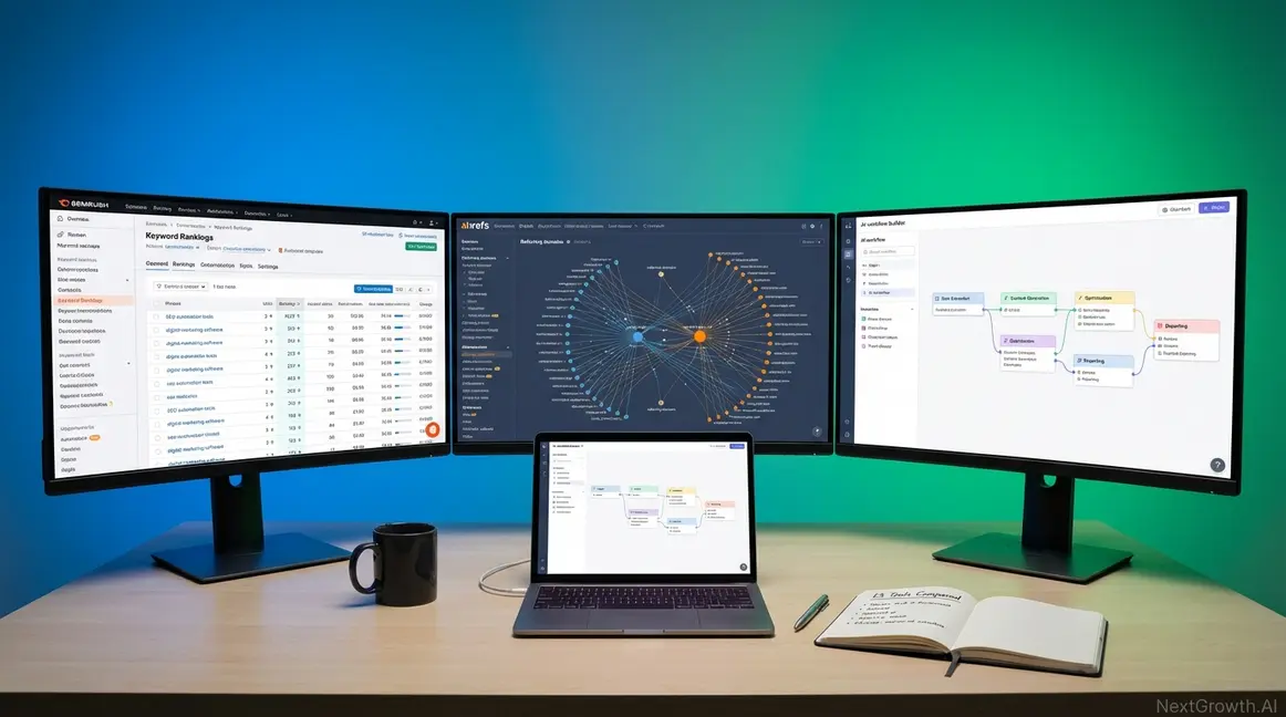 Best SEO automation tools comparison workspace showing Semrush, Ahrefs, and AI workflow dashboards for 2026