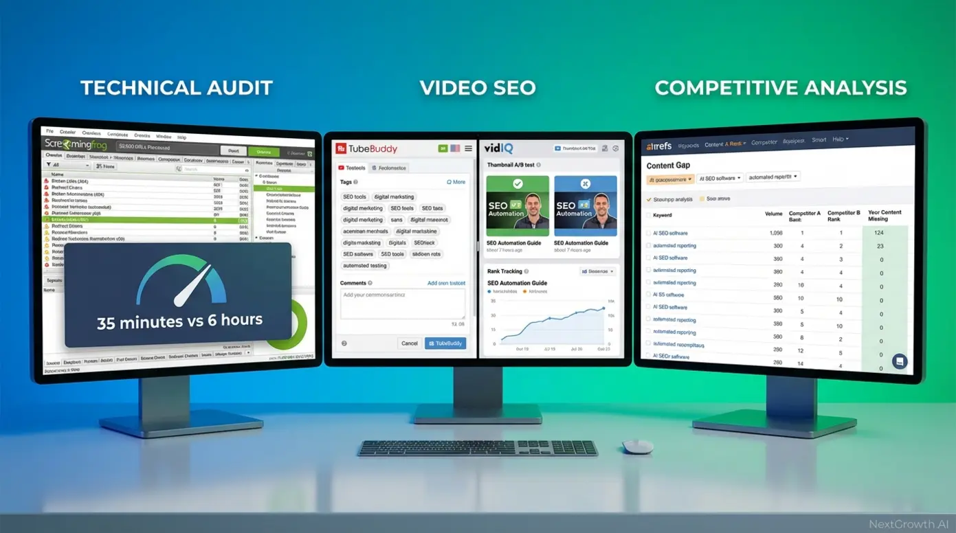 Specialized SEO automation tools comparison: Screaming Frog technical audits, YouTube optimization, and content gap analysis