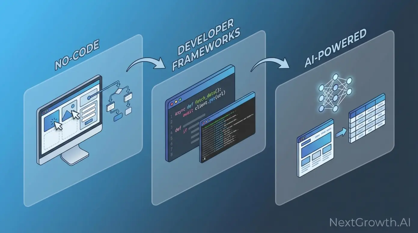 Web scraping tool categories: no-code platforms, developer frameworks, and AI-powered extraction tools comparison