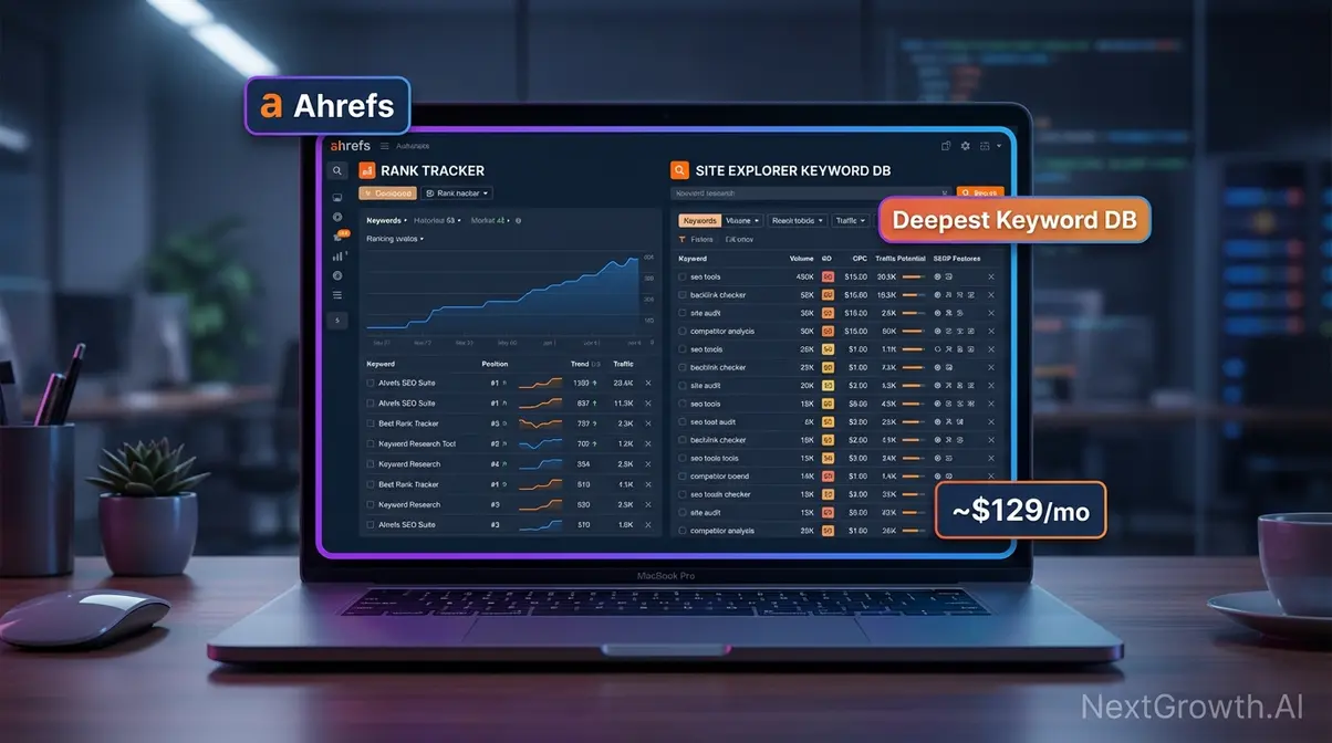 Ahrefs SEO rank tracking and keyword research software product card showing dual research and tracking interface