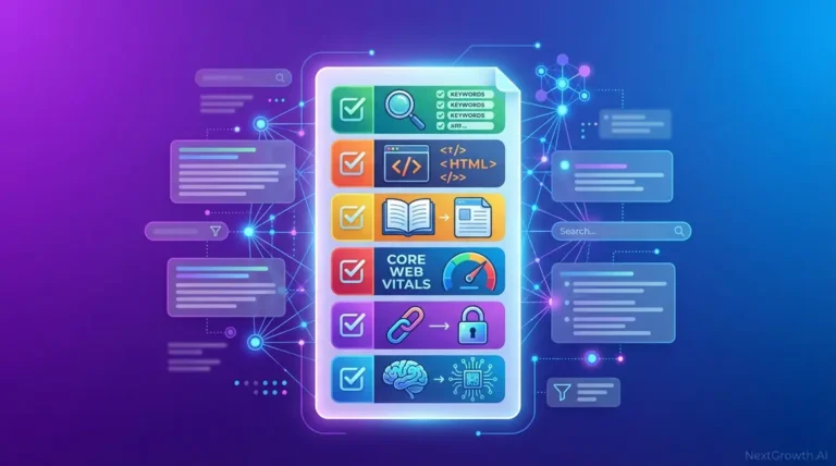 On-page SEO checklist complete guide showing six optimization pillars for Google and AI search