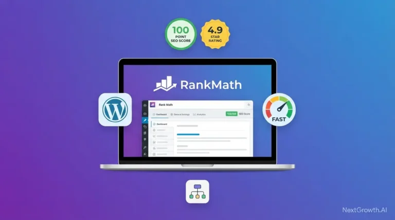 Rank Math review 2026 showing WordPress SEO plugin interface with 100-point optimization score