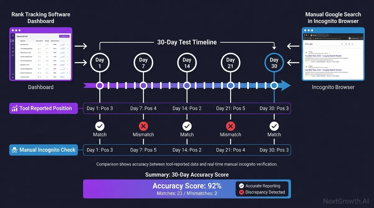 Diagram of 30-day rank tracking accuracy test comparing software results against manual Google incognito checks