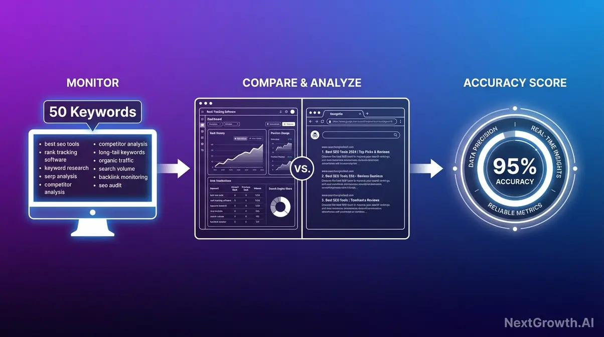SEO rank tracking accuracy methodology workflow showing 50 keywords tested across tools versus manual incognito Google checks
