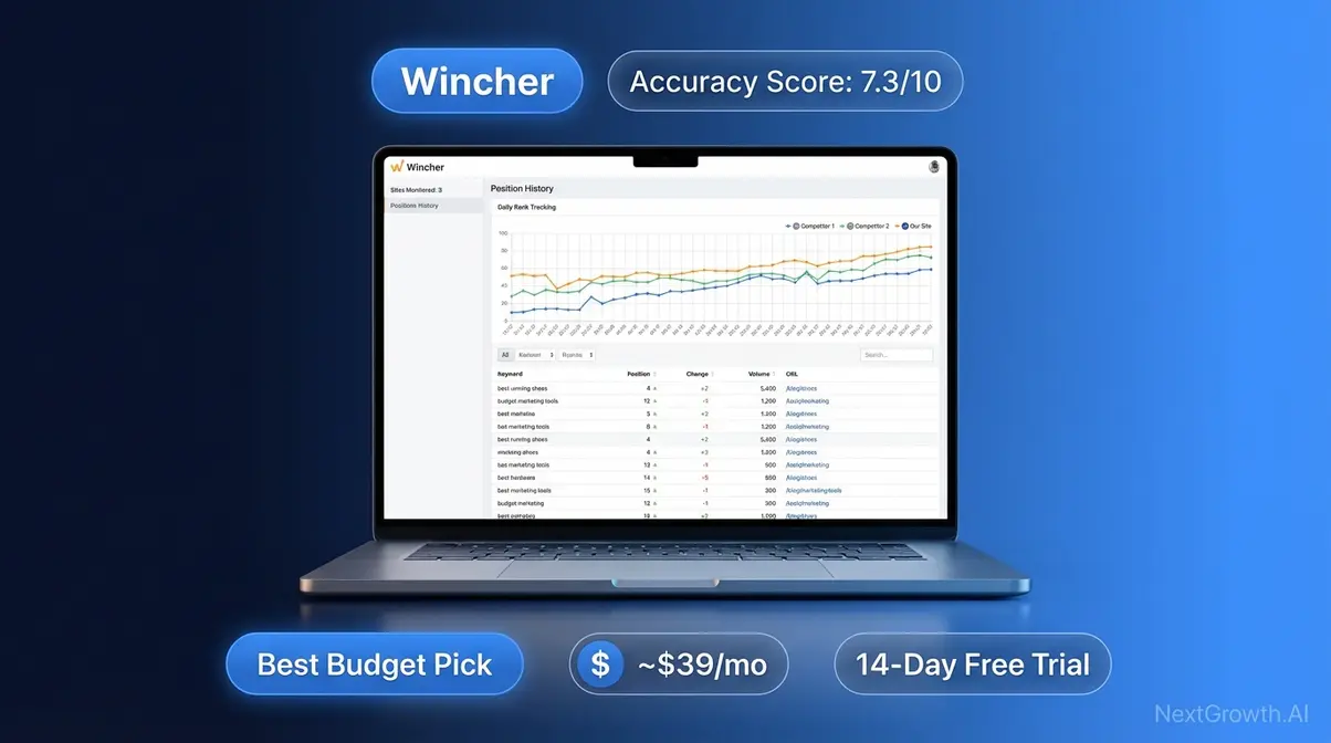 Wincher budget rank tracking software product card showing clean minimal dashboard with daily keyword position updates