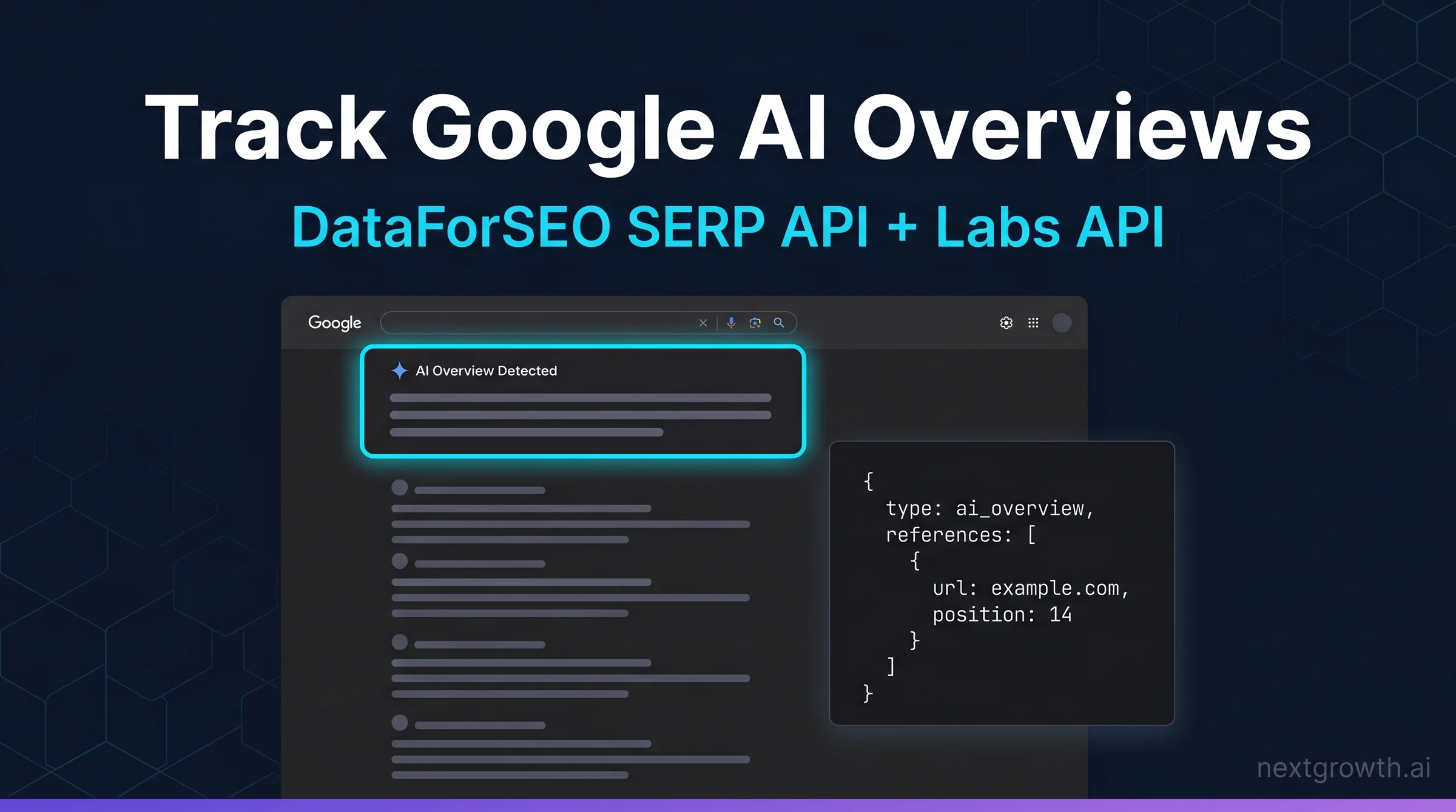 DataForSEO API tracking Google AI Overviews - dark dashboard showing SERP response with ai_overview type highlighted and JSON response panel