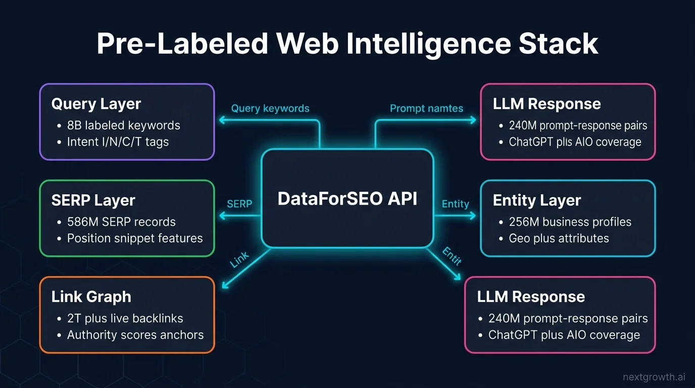 Pre-Labeled Web Intelligence Stack architecture: DataForSEO API center node connected to 5 layers: Query, SERP, Link Graph, Entity, LLM Response