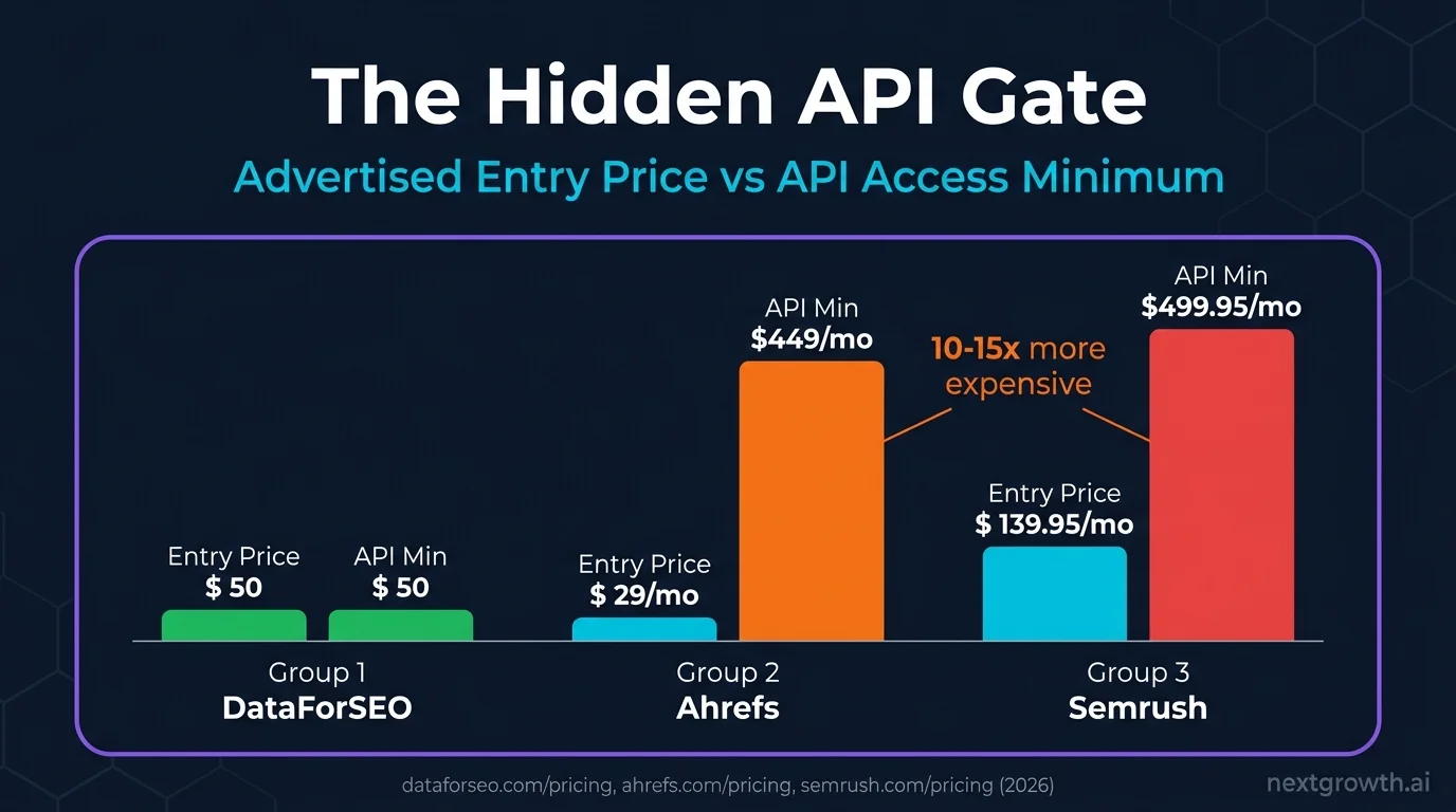 DataForSEO vs Ahrefs vs Semrush pricing comparison 2026 - API access minimum costs