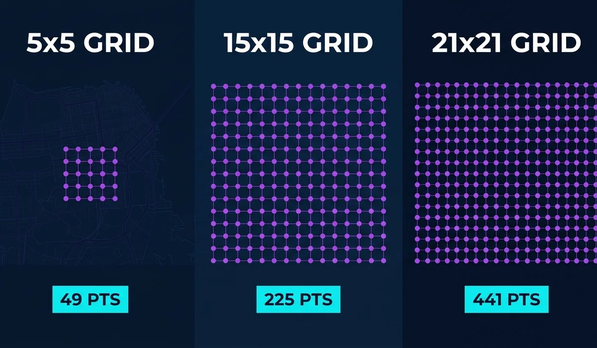 Geo-grid size comparison: 5x5 vs 15x15 vs 21x21 coverage area on city map