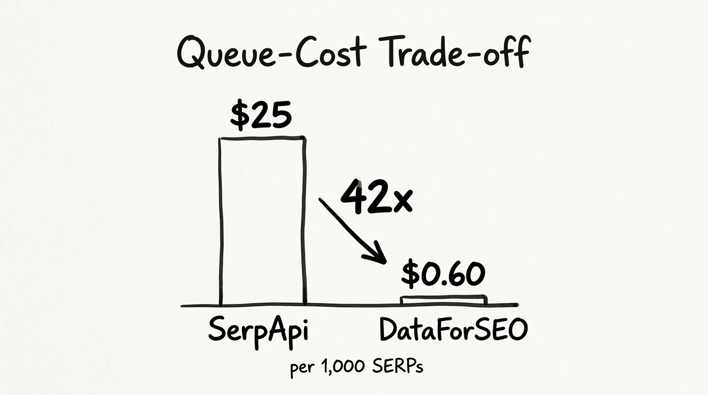 Queue cost trade-off: SerpApi $25 vs DataForSEO $0.60 per 1000 SERPs