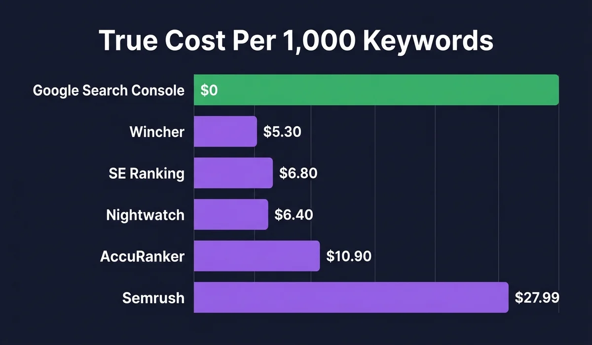 Bar chart comparing true cost per 1,000 keywords across rank tracking software tools from $0 (Google Search Console) to $27.99 (Semrush)