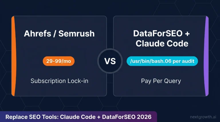 Replace SEO tools comparison: Ahrefs/Semrush $129-$499/mo subscription vs DataForSEO + Claude Code $0.06 per audit on dark navy dashboard