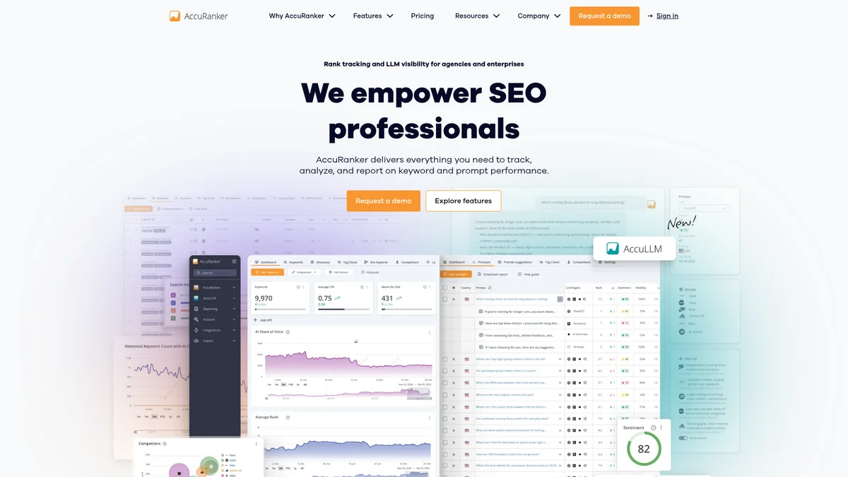 AccuRanker homepage showing dedicated rank tracker with 2-second on-demand refresh