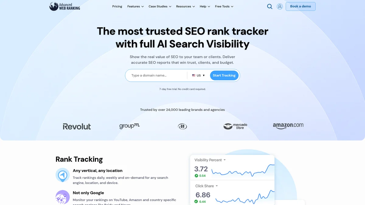 Advanced Web Ranking homepage showing AI search visibility plus custom report builder