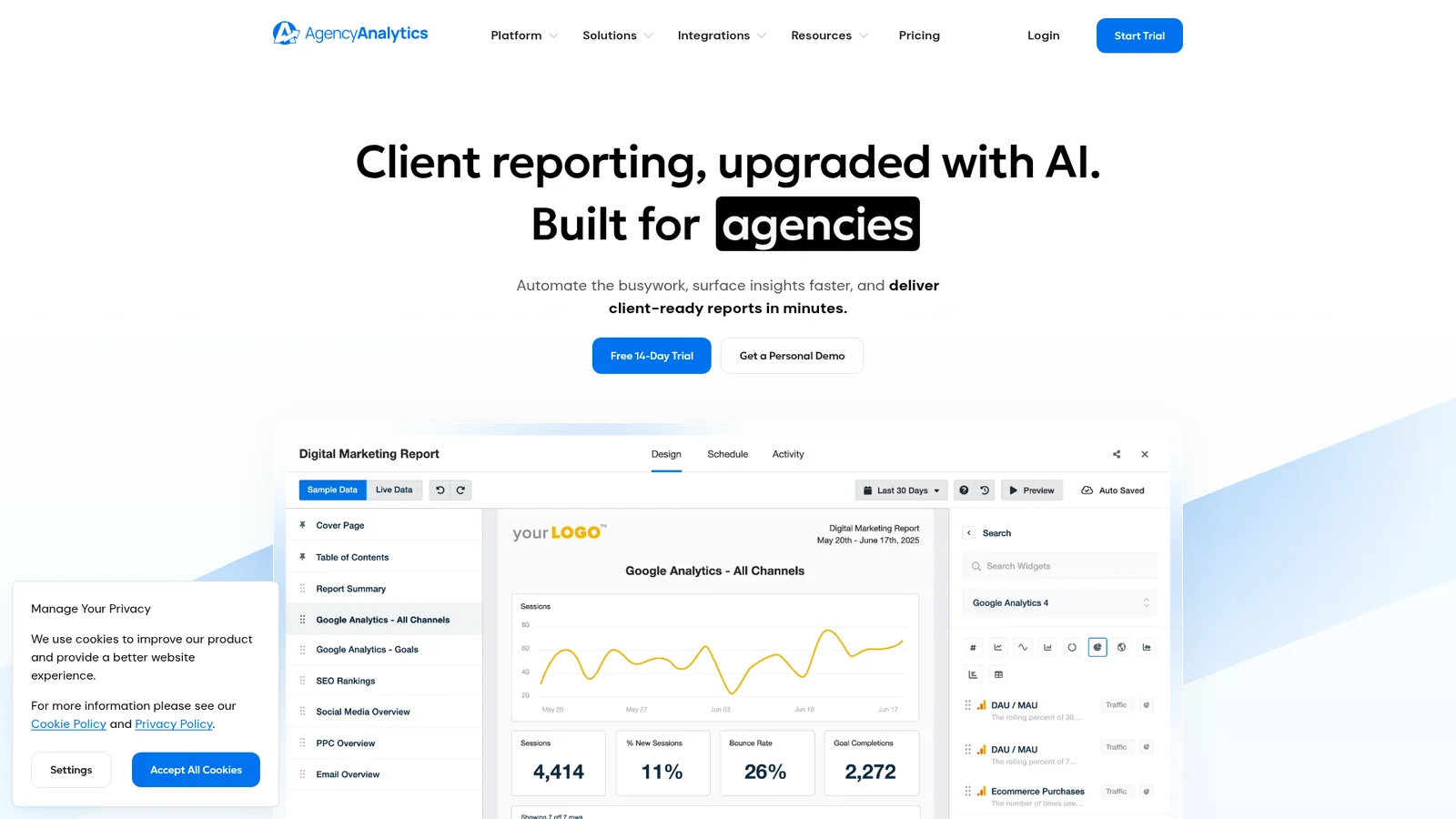 AgencyAnalytics homepage showing multi-channel reporting dashboard with 80+ integrations for agencies