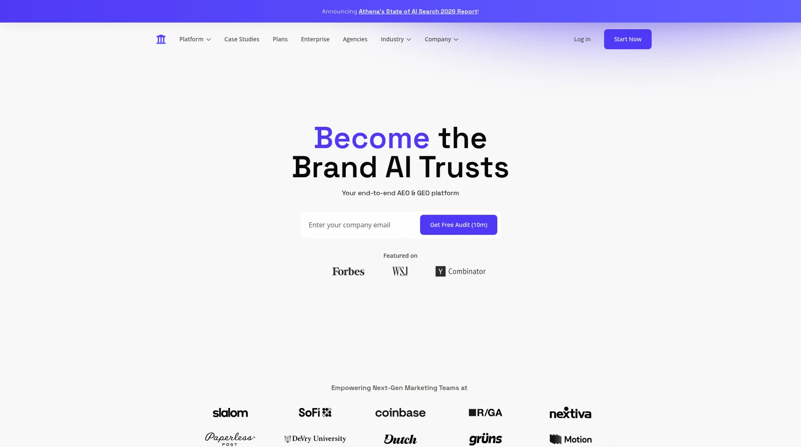 AthenaHQ homepage showing AEO and GEO platform built by ex-Google DeepMind engineers