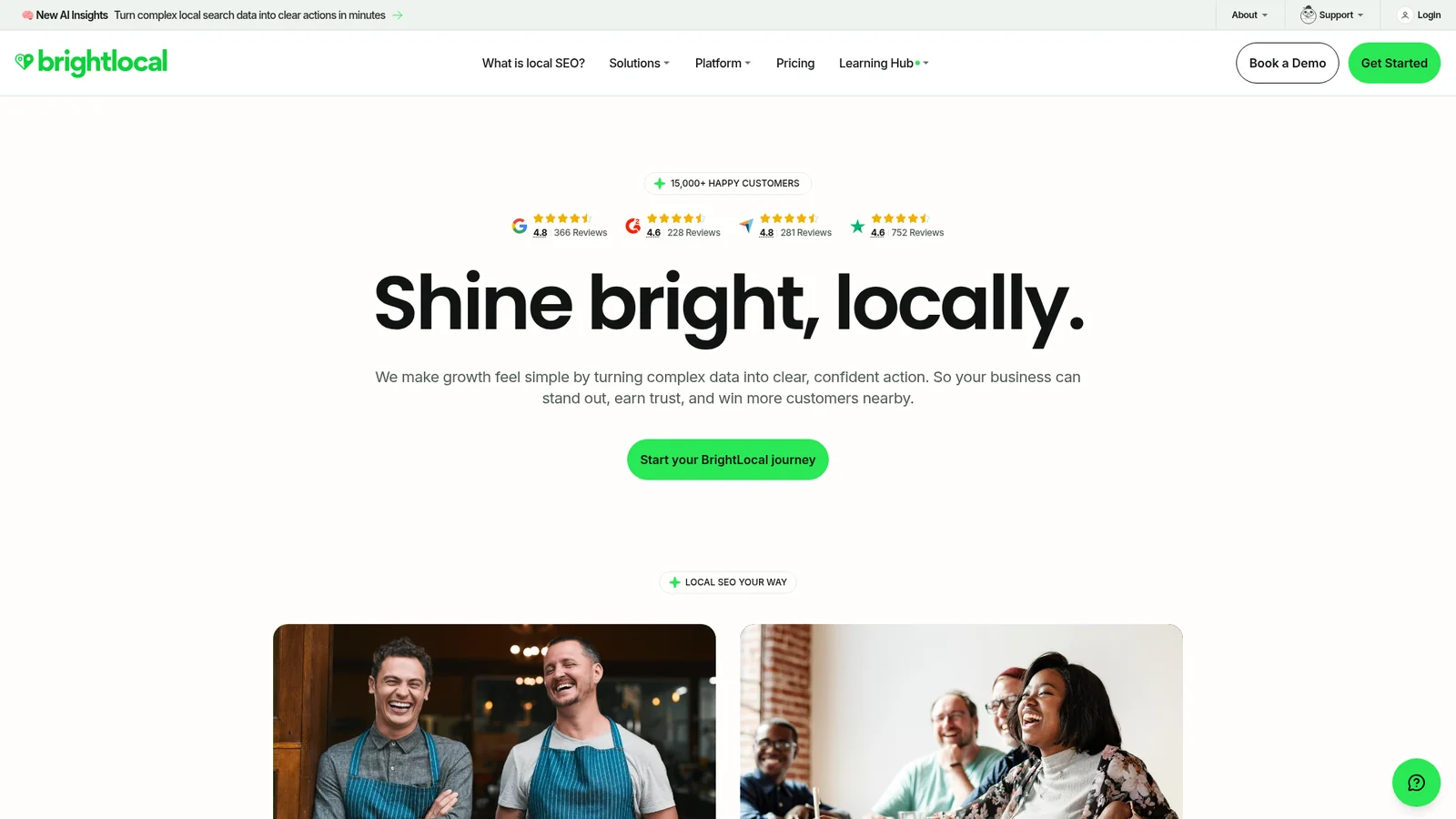 BrightLocal homepage showing local SEO platform with rank tracker and citation builder for agencies