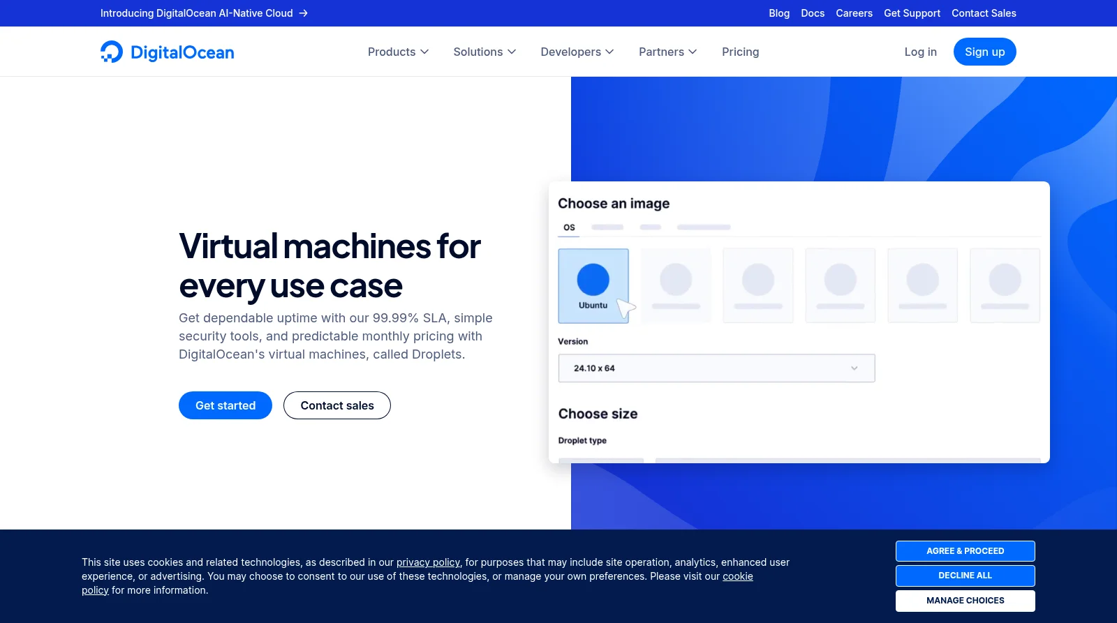 DigitalOcean Droplets product page showing Premium Intel plans