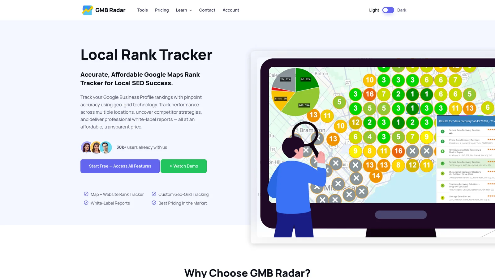 GMB Radar homepage showing free Google Business Profile rank tracking tool for agencies