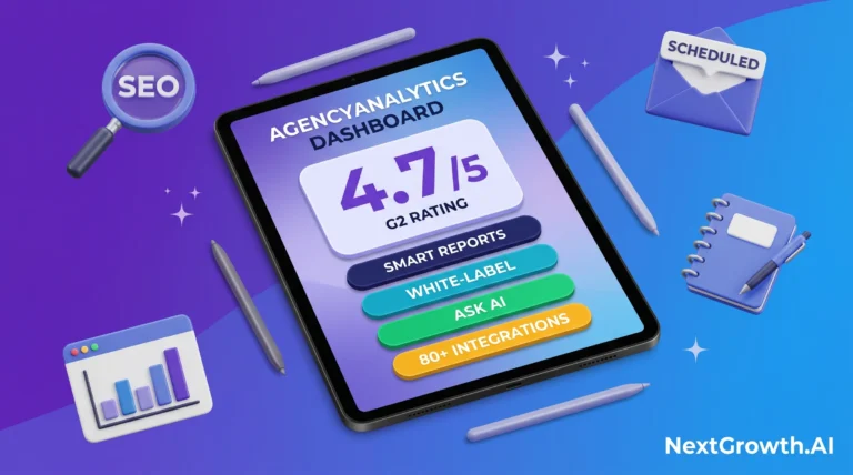 Premium 3D illustration of a tablet showing the AgencyAnalytics dashboard with G2 4.7/5 rating, plus four feature pills: Smart Reports, White-Label, Ask AI, 80+ Integrations, surrounded by SEO magnifier and scheduled email envelope