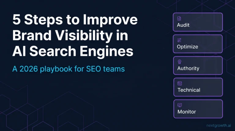 5 steps to improve brand visibility in AI search engines visualized as Audit Optimize Authority Technical Monitor workflow on dark tech dashboard aesthetic