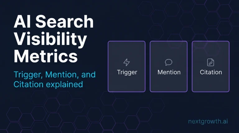 AI search visibility metrics Trigger Mention Citation explained as three independent signals on dark tech dashboard