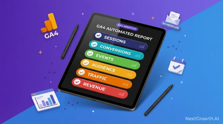 Premium 3D illustration of a tablet showing a GA4 automated report dashboard with six color-coded KPI rows: Sessions, Conversions, Events, Audience, Traffic, Revenue, with scheduled email envelope and GA4 logo