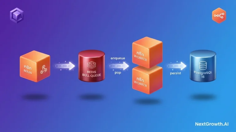n8n queue mode on Coolify hero: 4-container production architecture with webhook flowing through n8n main, Redis Bull queue, n8n workers, and PostgreSQL 16