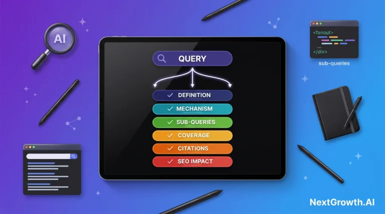Query fanout AI diagram showing one user query branching into six sub-query categories on a tablet — definition, mechanism, sub-queries, coverage, citations, and SEO impact