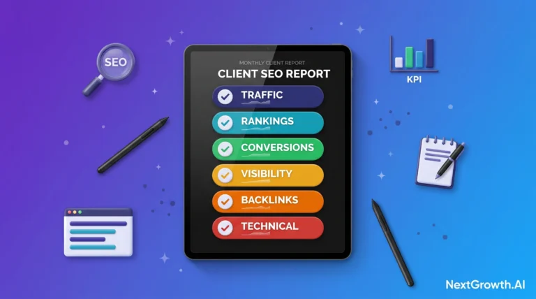 Premium 3D illustration of a black tablet showing a monthly SEO client report dashboard with six color-coded KPI rows: Traffic, Rankings, Conversions, Visibility, Backlinks, Technical Health
