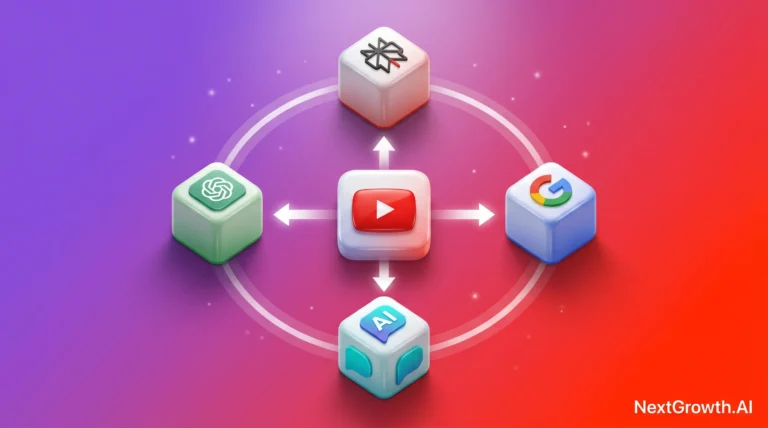 3D circular workflow showing YouTube content flowing as citations to Perplexity, Google AI Overview, AI Mode, and ChatGPT across four engines