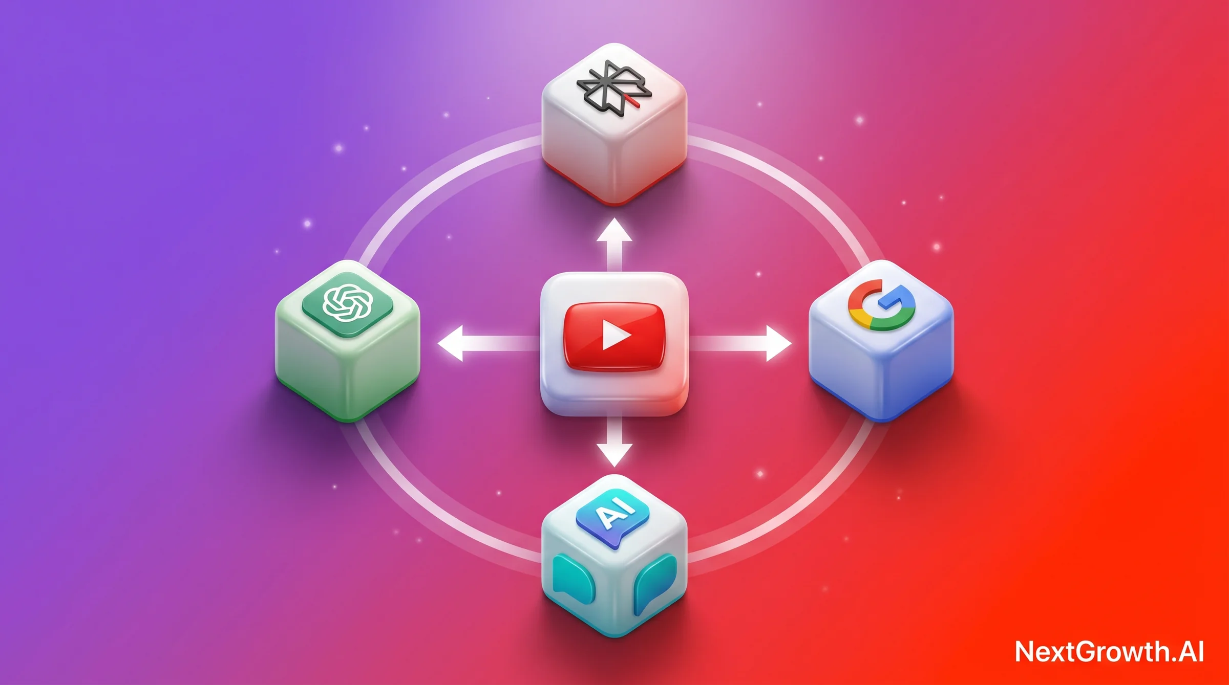 3D circular workflow showing YouTube content flowing as citations to Perplexity, Google AI Overview, AI Mode, and ChatGPT across four engines