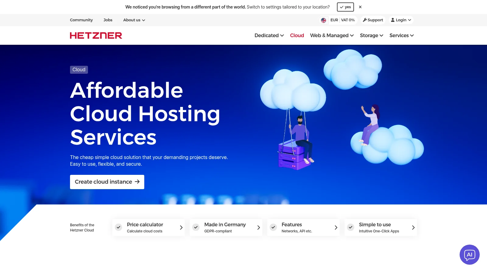 Hetzner Cloud homepage showing CCX13 ARM VPS plans and pricing
