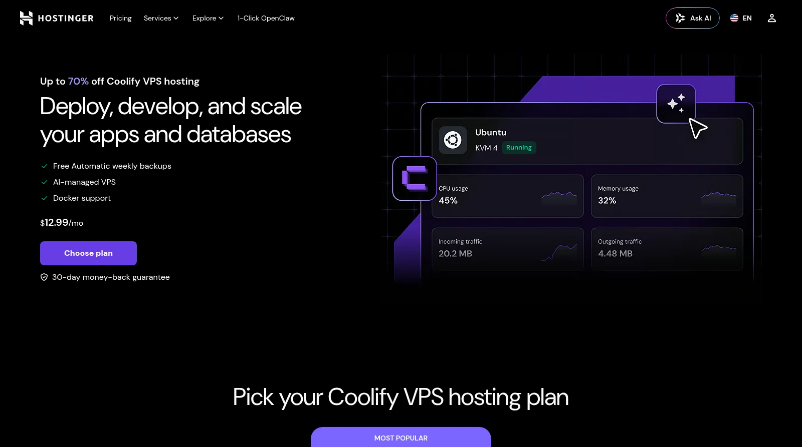 Hostinger Coolify VPS hosting landing page with 1-click template