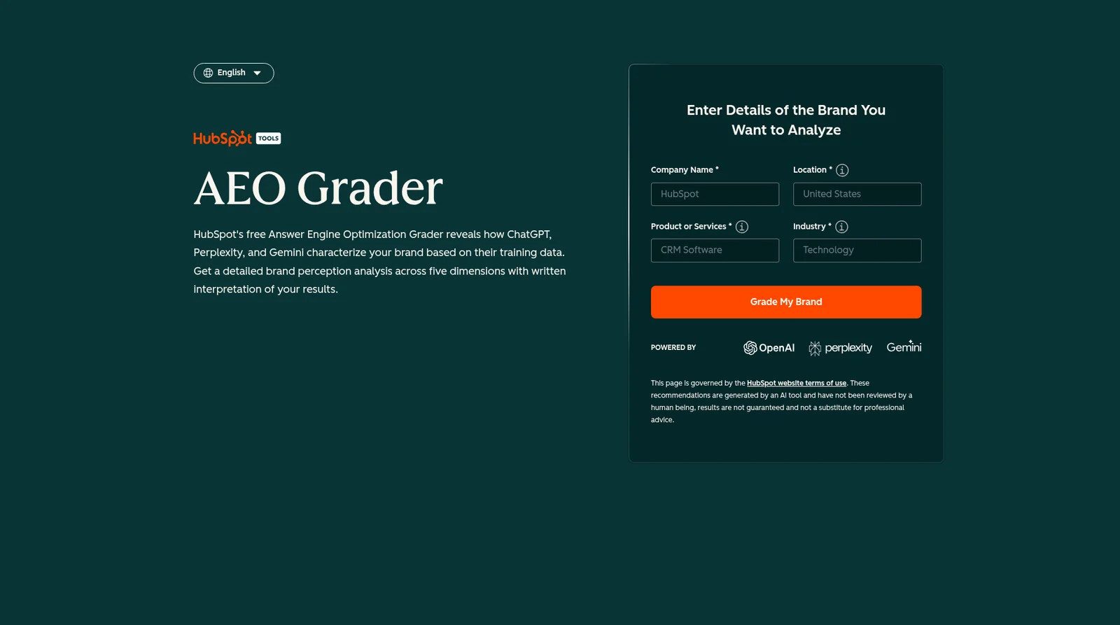 HubSpot AEO Grader free Perplexity visibility check landing page
