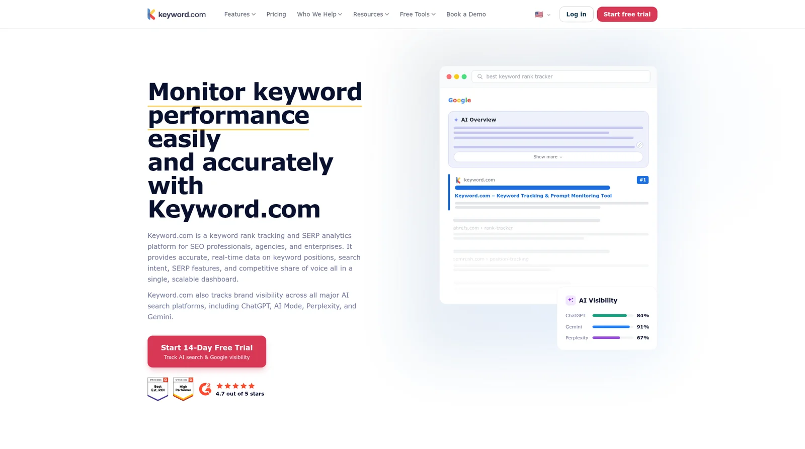 Keyword.com homepage showing hourly AI visibility tracker with model-specific Perplexity monitoring