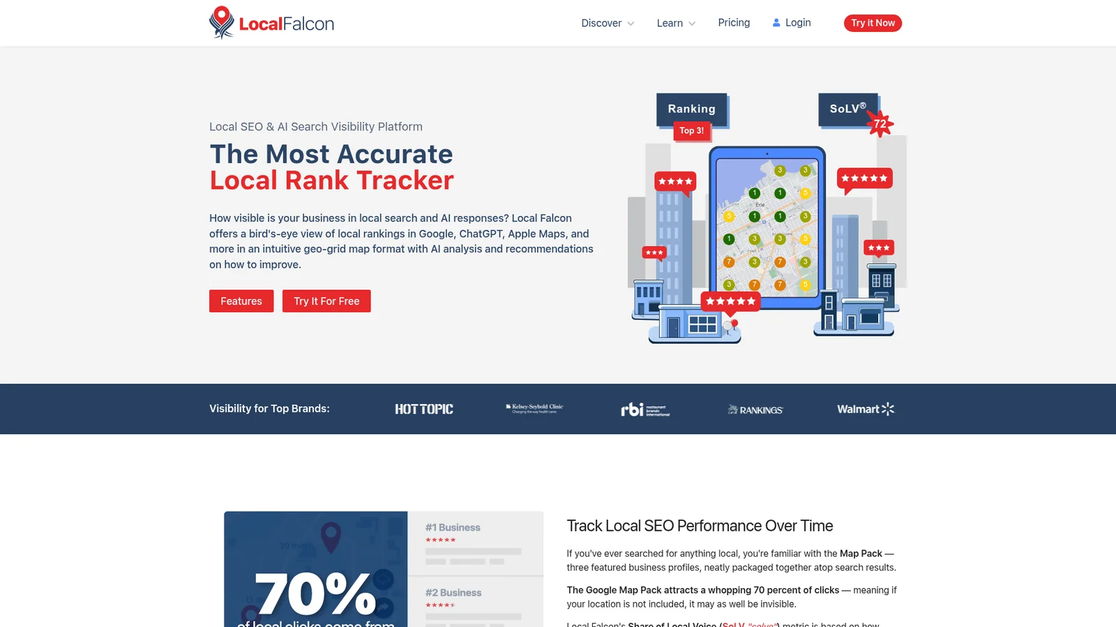 Local Falcon homepage showing geo-grid local rank tracker with map-based heatmap visualization