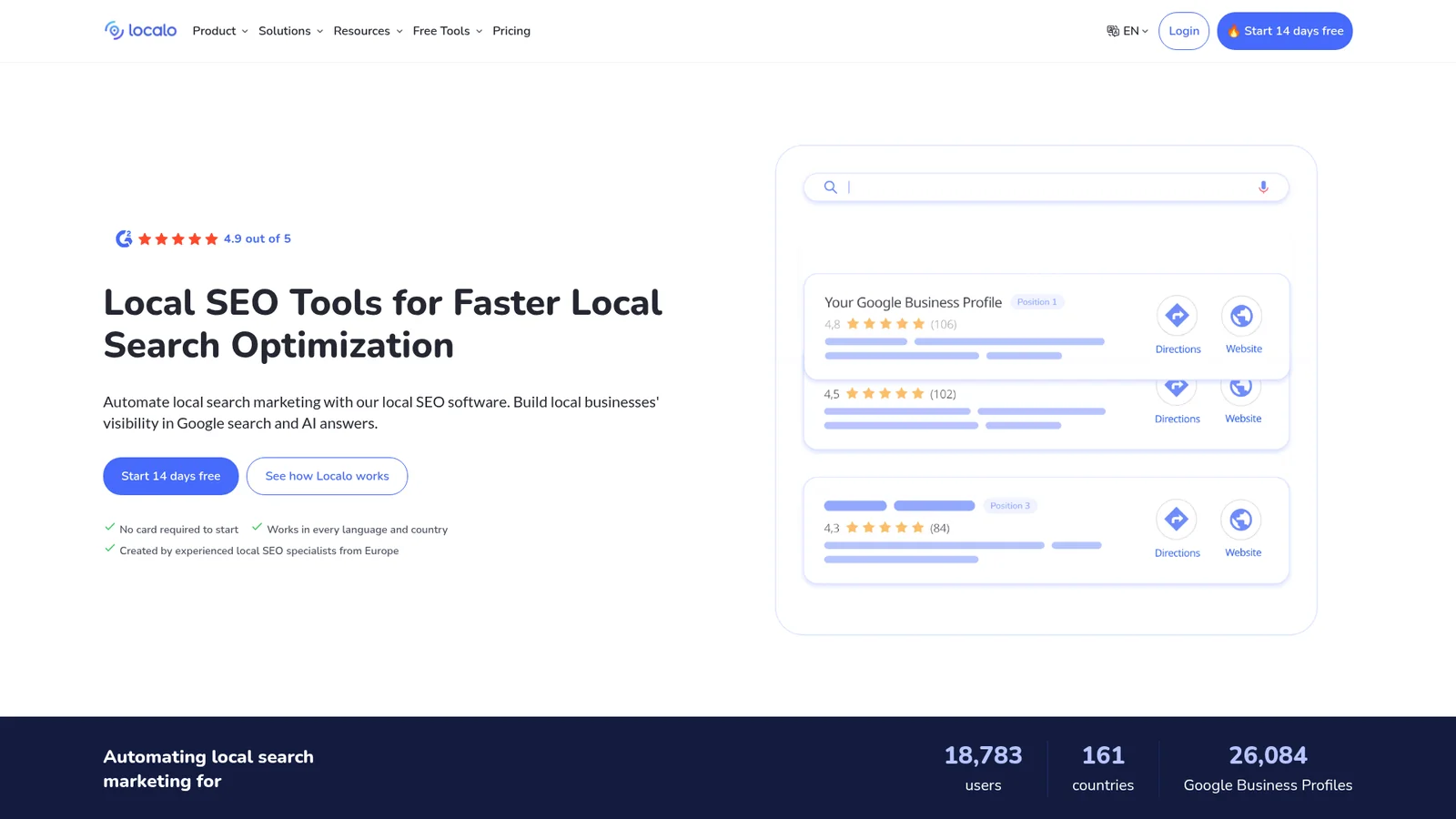 Localo homepage showing local SEO heatmap UI for client reporting with map visualization
