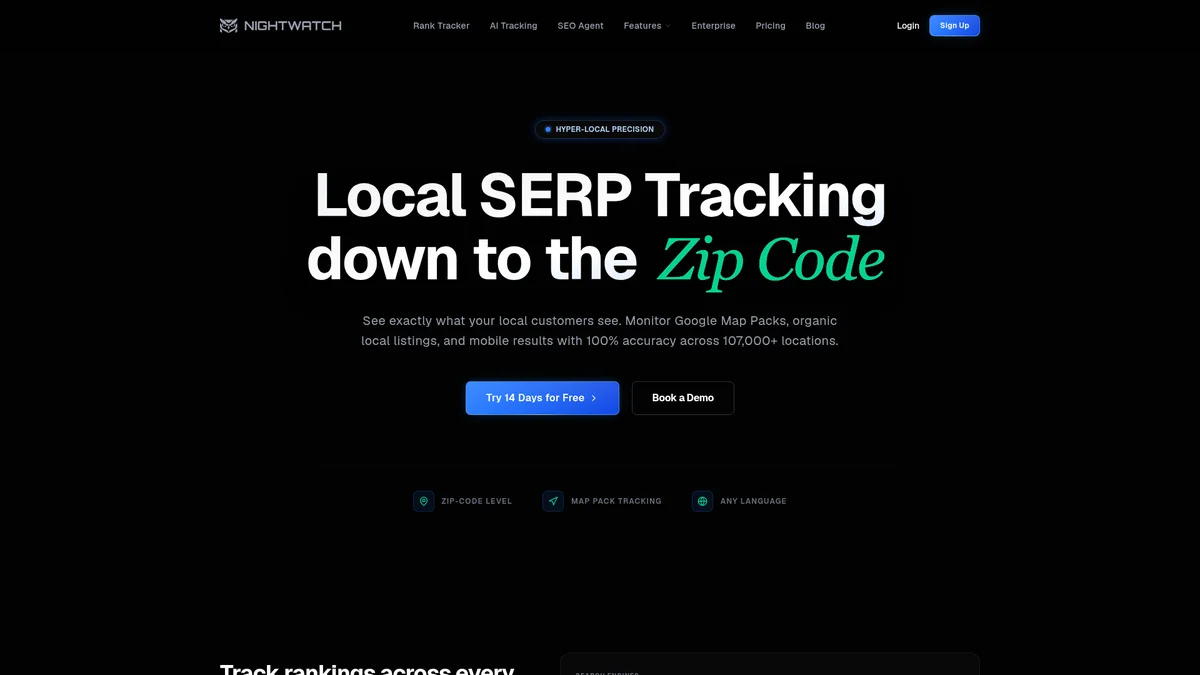 Nightwatch local SERP tracking page showing geo-grid heatmaps across 107k+ locations