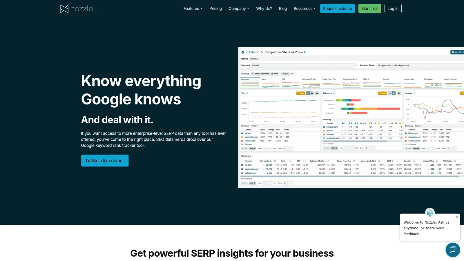 Nozzle homepage showing pixel-depth SERP visibility tracker for SEO teams