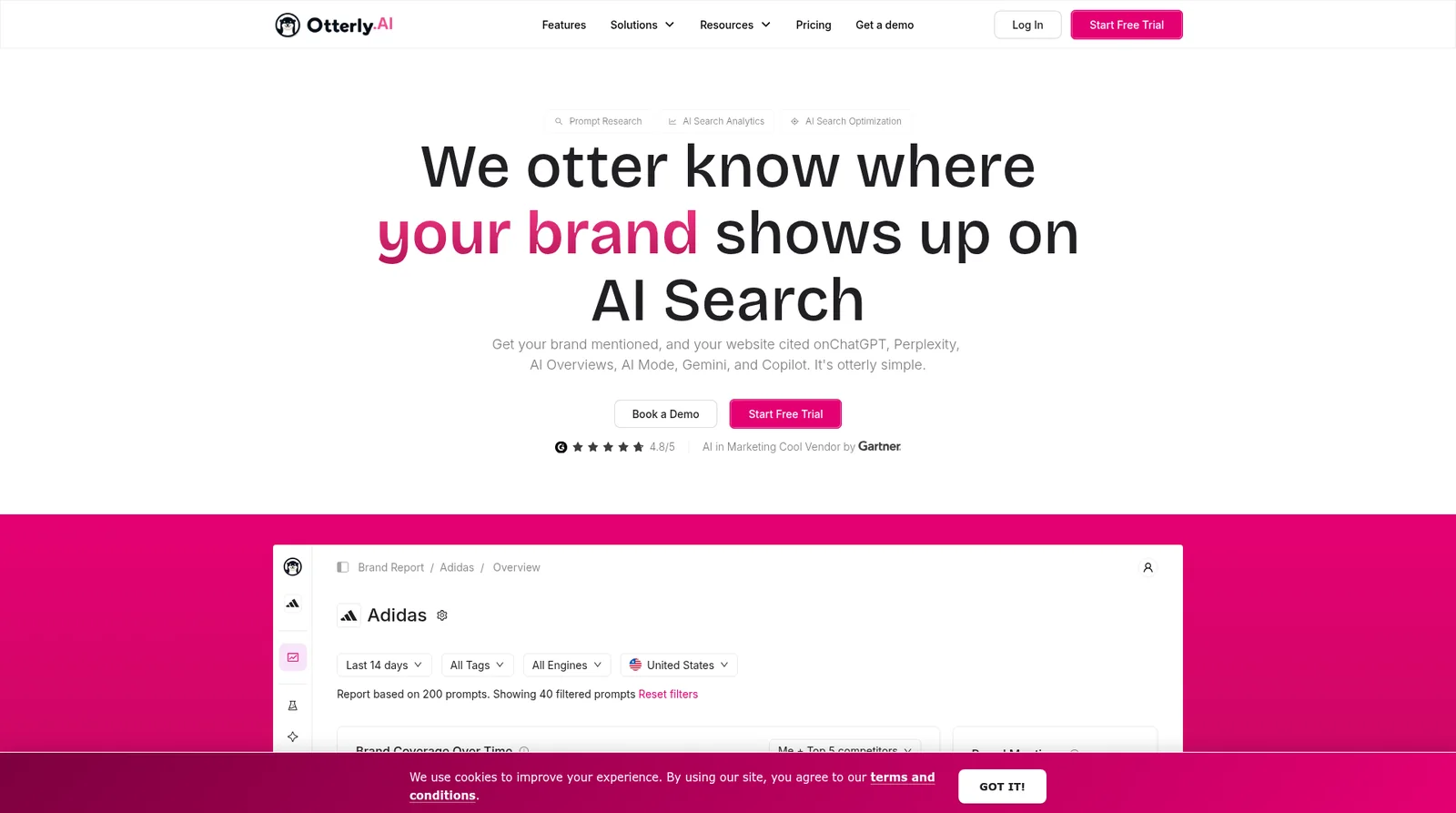 Otterly AI homepage showing AI search monitoring across ChatGPT Perplexity Google AIO Gemini Copilot
