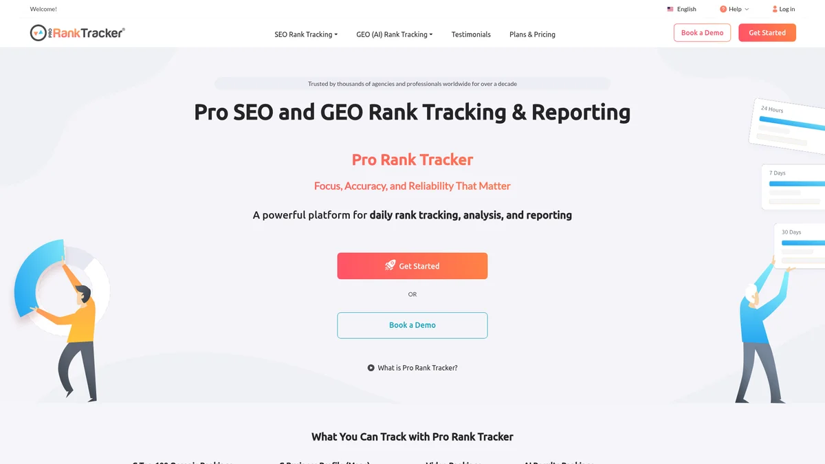 ProRankTracker homepage showing daily Top 100 rank tracker with white-label portals