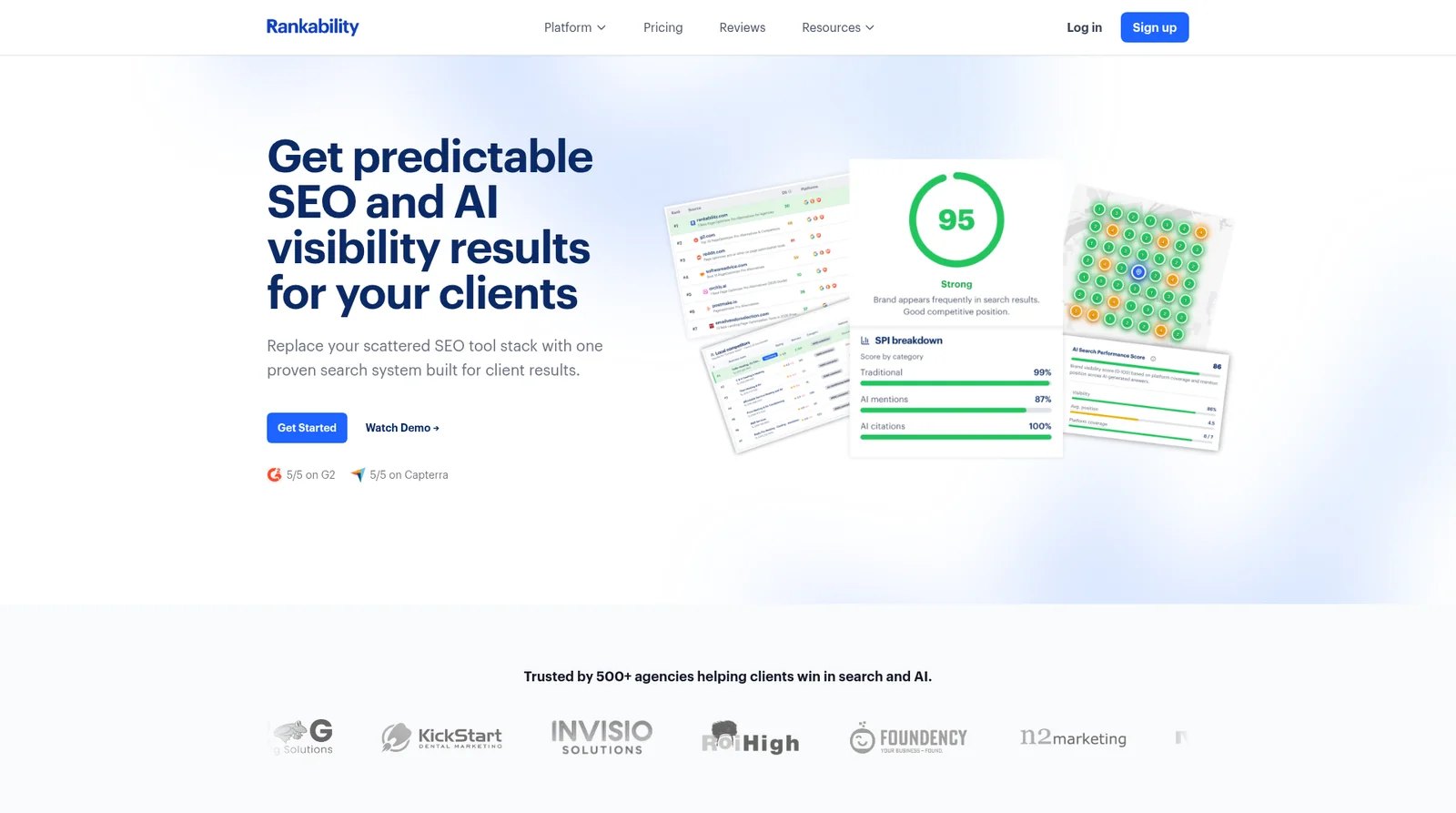 Rankability AI search visibility tracker homepage with NLP optimization recommendations
