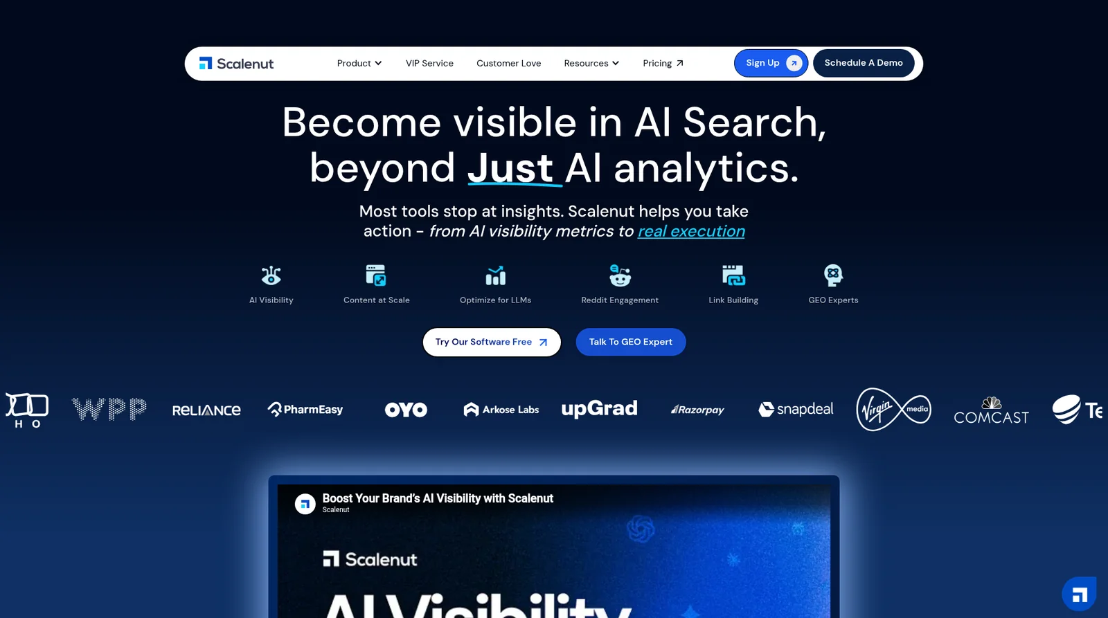 Scalenut homepage showing AI visibility tracking combined with GEO content execution workflow