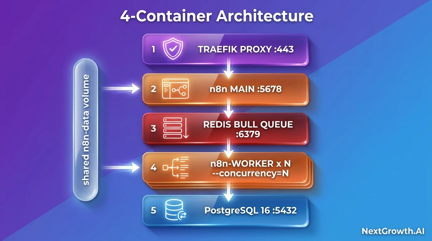 n8n queue mode 4-container architecture on Coolify with Traefik proxy routing to n8n main, Redis Bull queue, n8n workers, and PostgreSQL