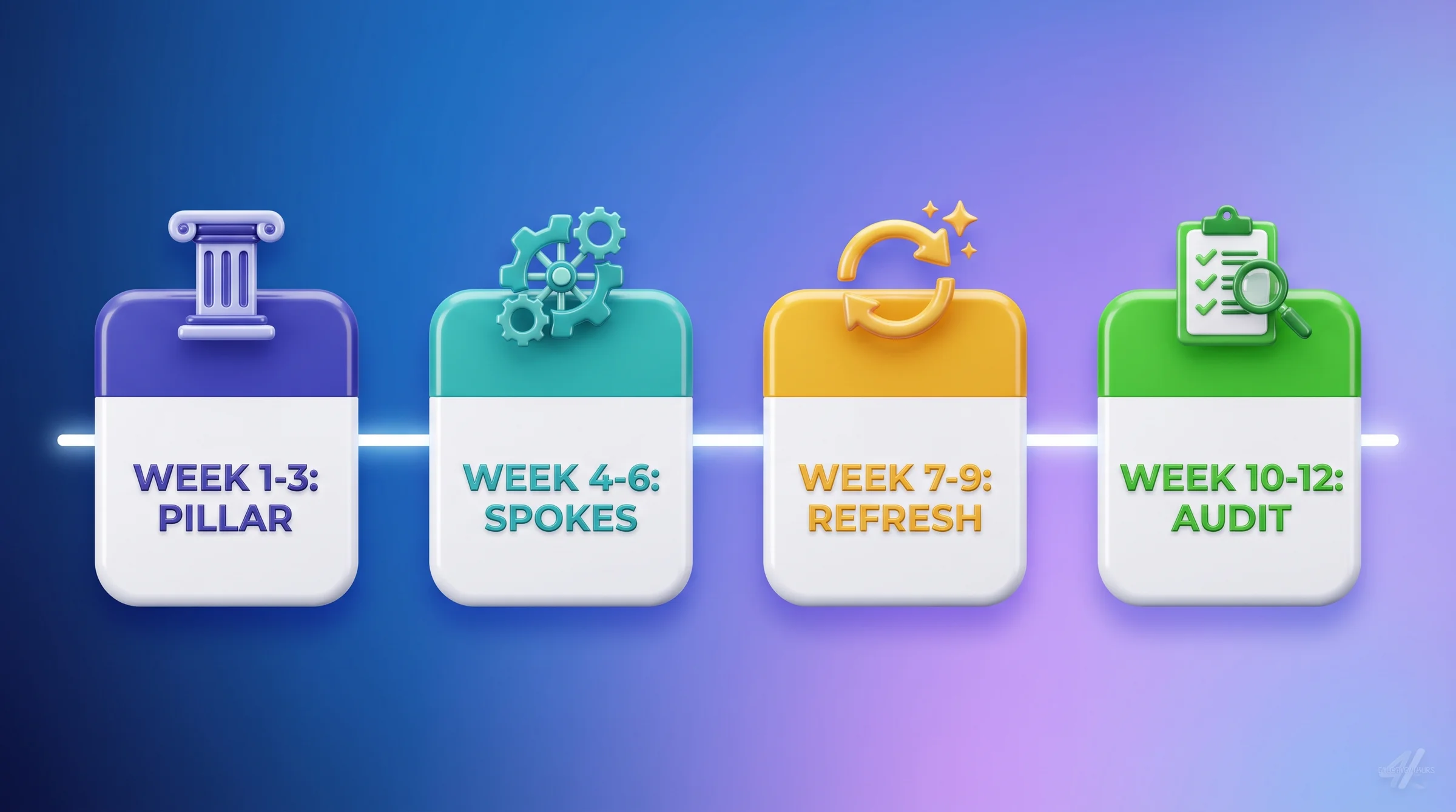A 12-week editorial calendar roadmap showing Week 1 pillar publication, Weeks 2-4 spoke articles, Week 5 internal linking audit, Weeks 6-10 secondary cluster spokes, and Weeks 11-12 gap fill and cross-cluster linking.